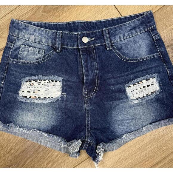 Pants - Jean Shorts Womens Large Blue Distressed Cutoff Fringe Hem Animal Print Summer